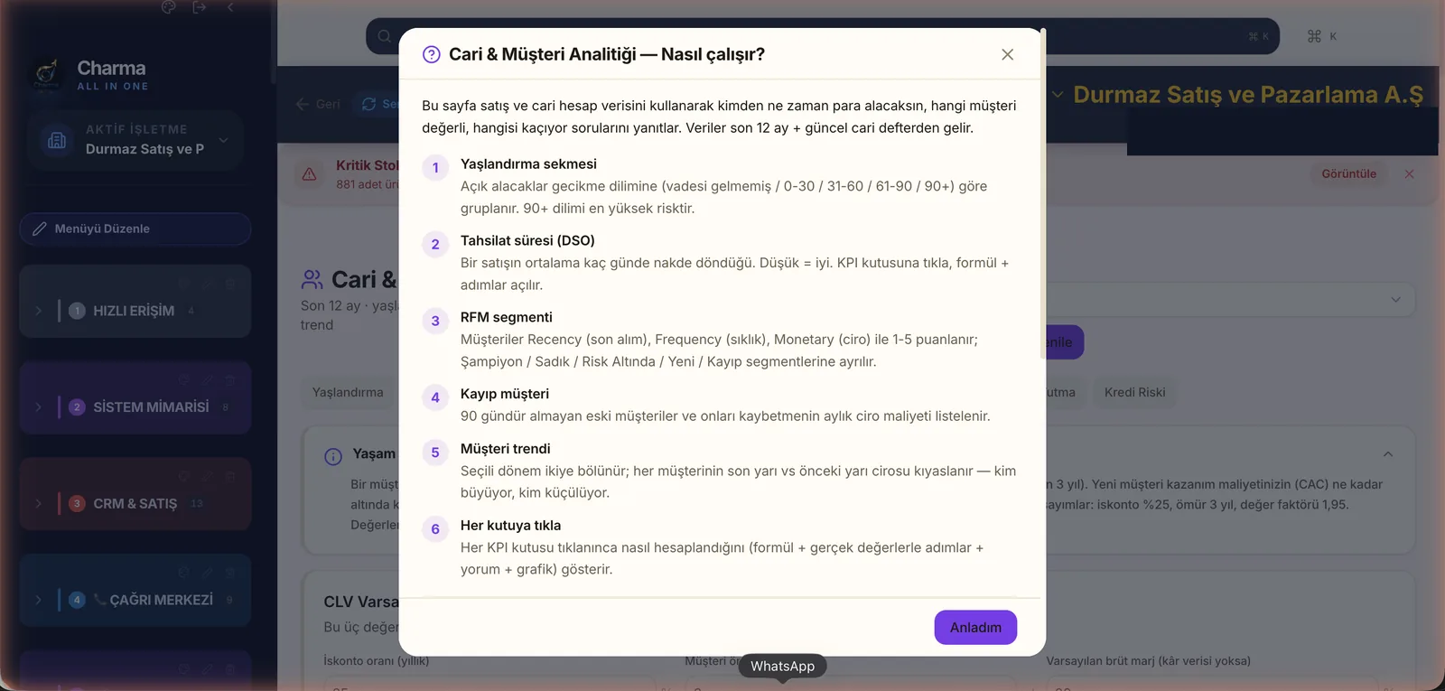 Charma Yardım Asistanı — kılavuza dayalı yapay zeka cevabı ve ekrana yönlendirme, gerçek uygulama ekranı